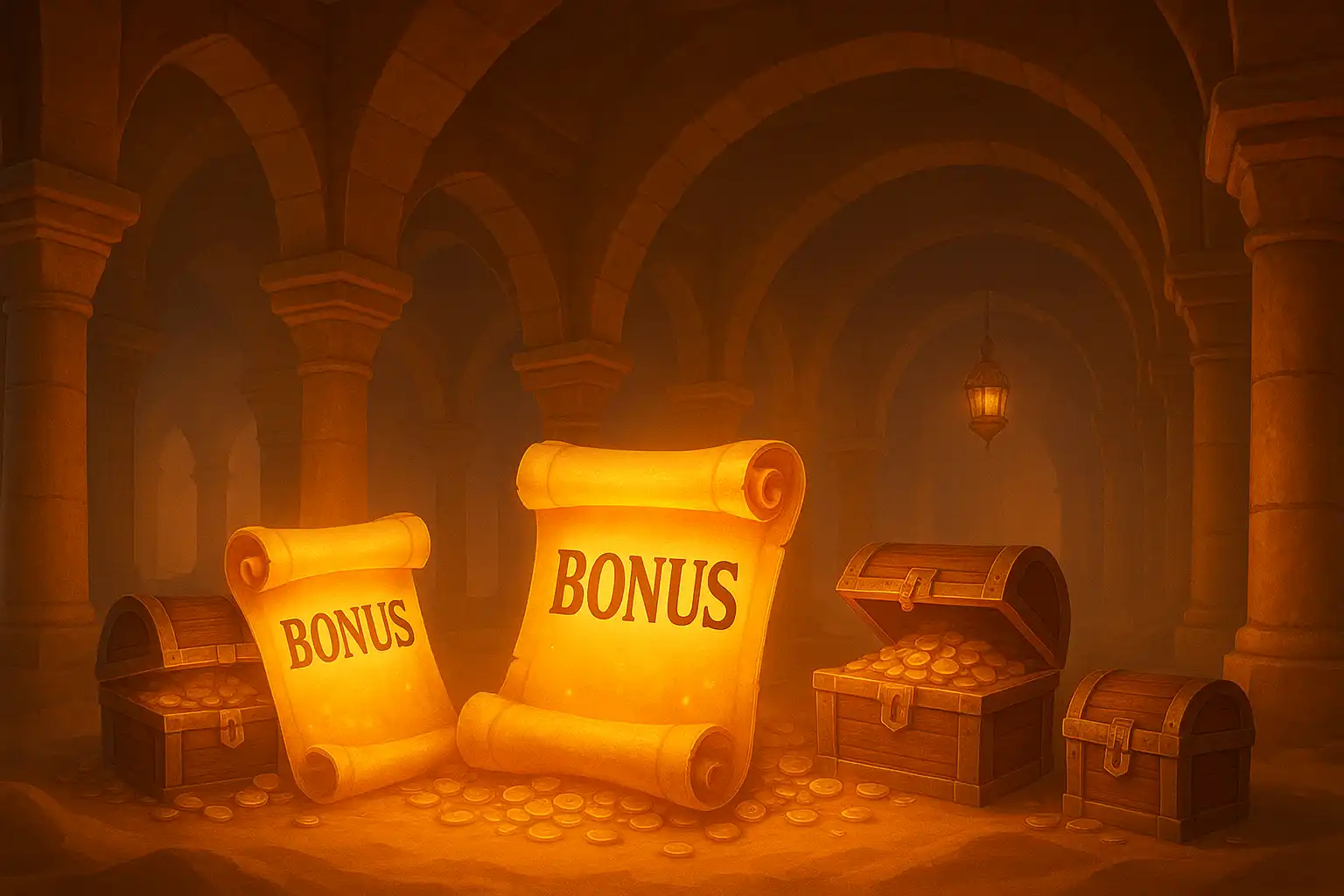Glowing bonus scrolls and treasure chests inside a desert palace hall lit by warm lanterns