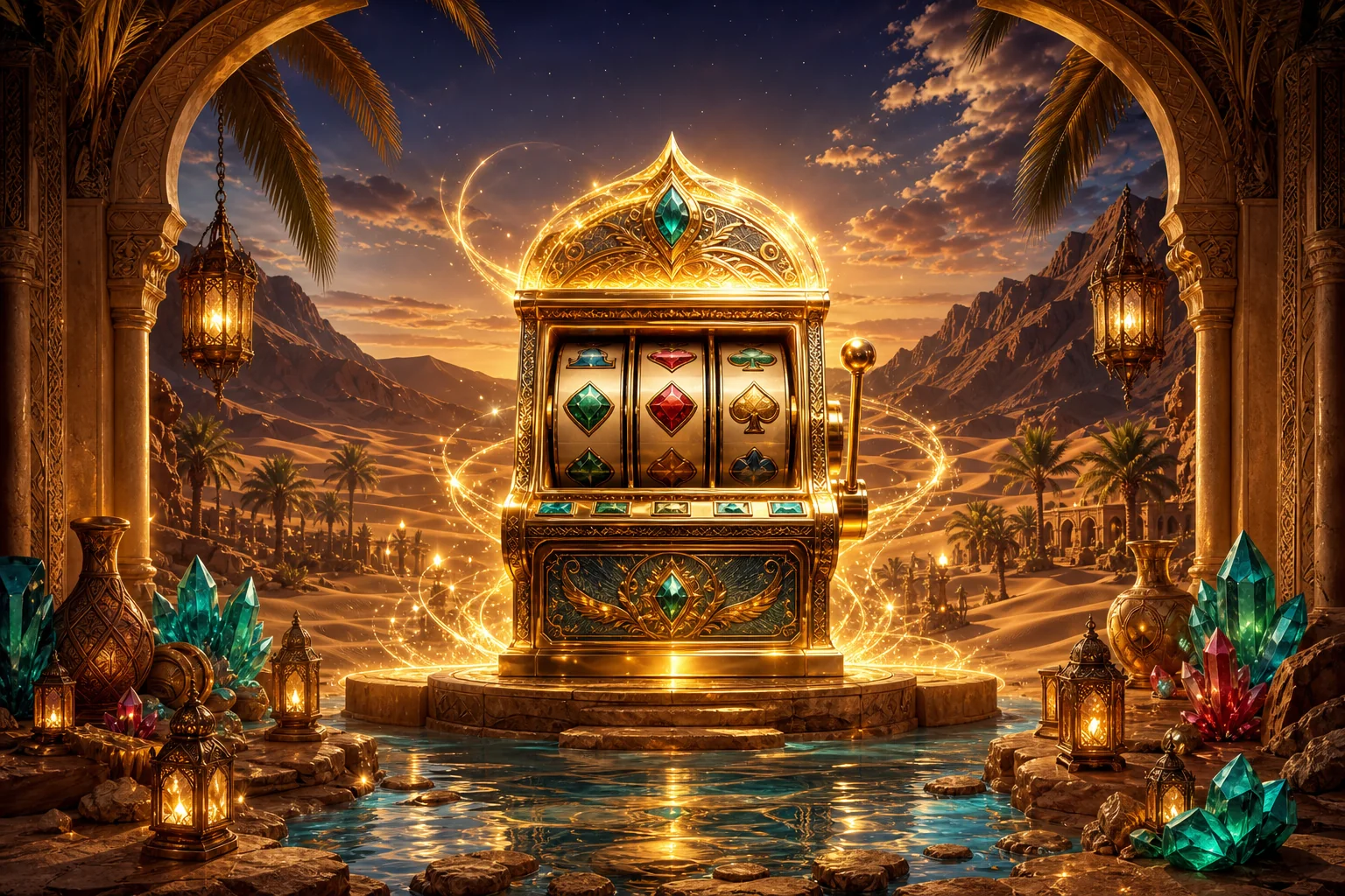 Glowing magic slot machine standing in a golden desert oasis surrounded by sandstone arches and shimmering crystals