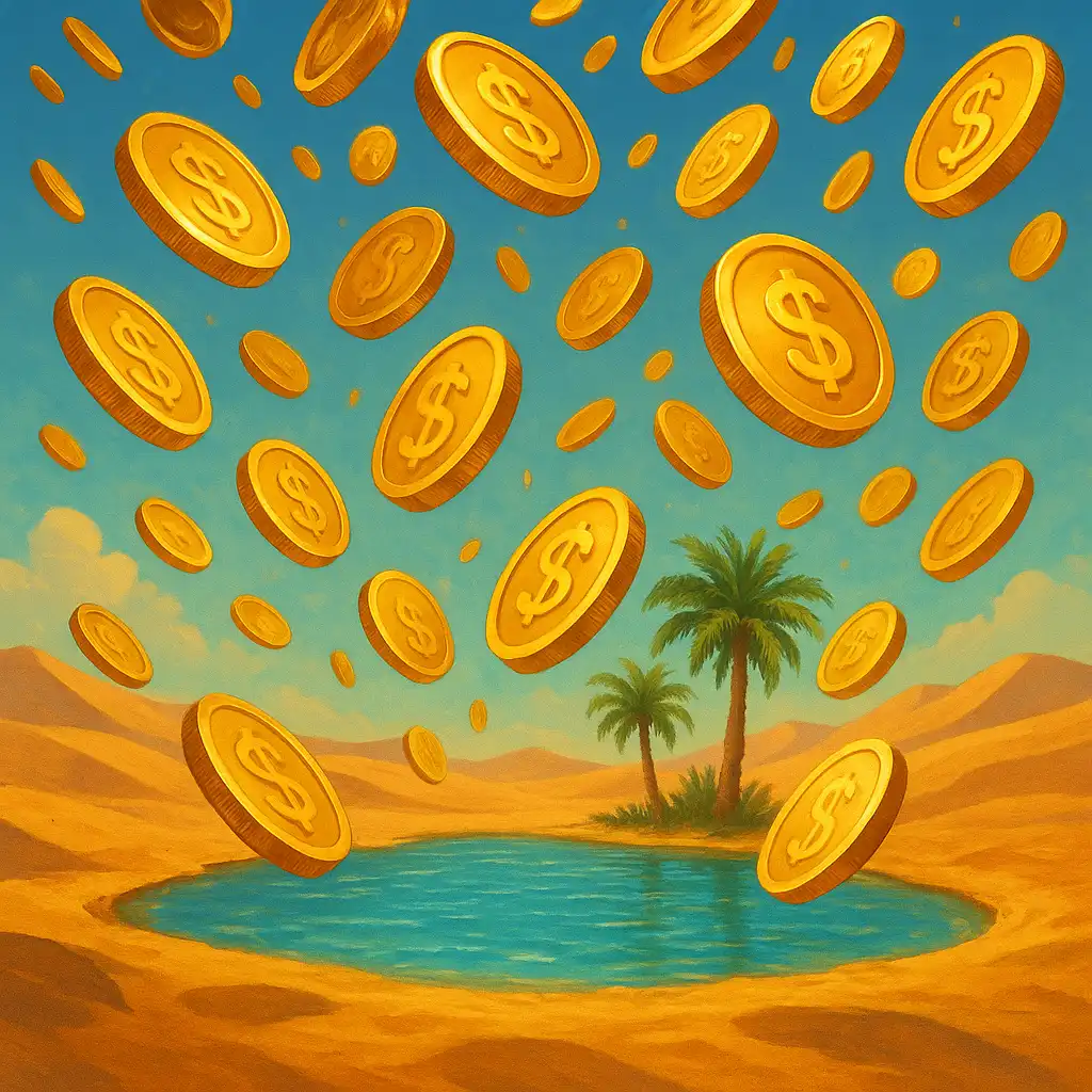 Spinning golden coins falling over a desert oasis pool representing weekly cashback