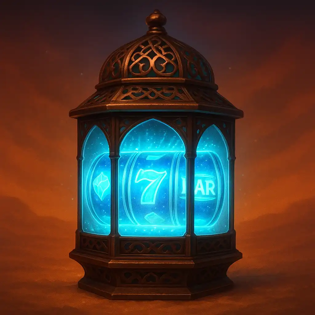 Glowing free spin reels inside an ornate desert lantern representing the free spins drop