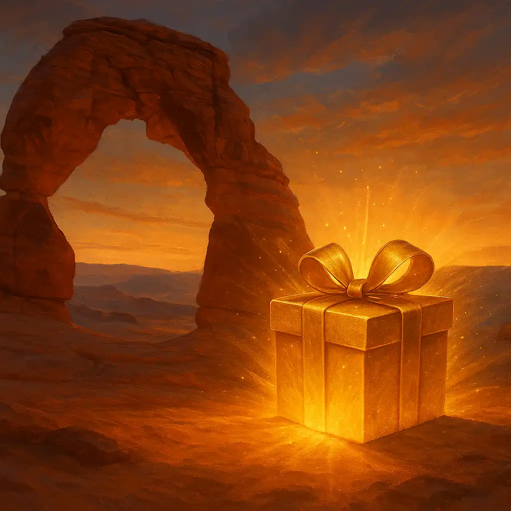 Golden gift box glowing beside a sandstone arch representing a reload bonus