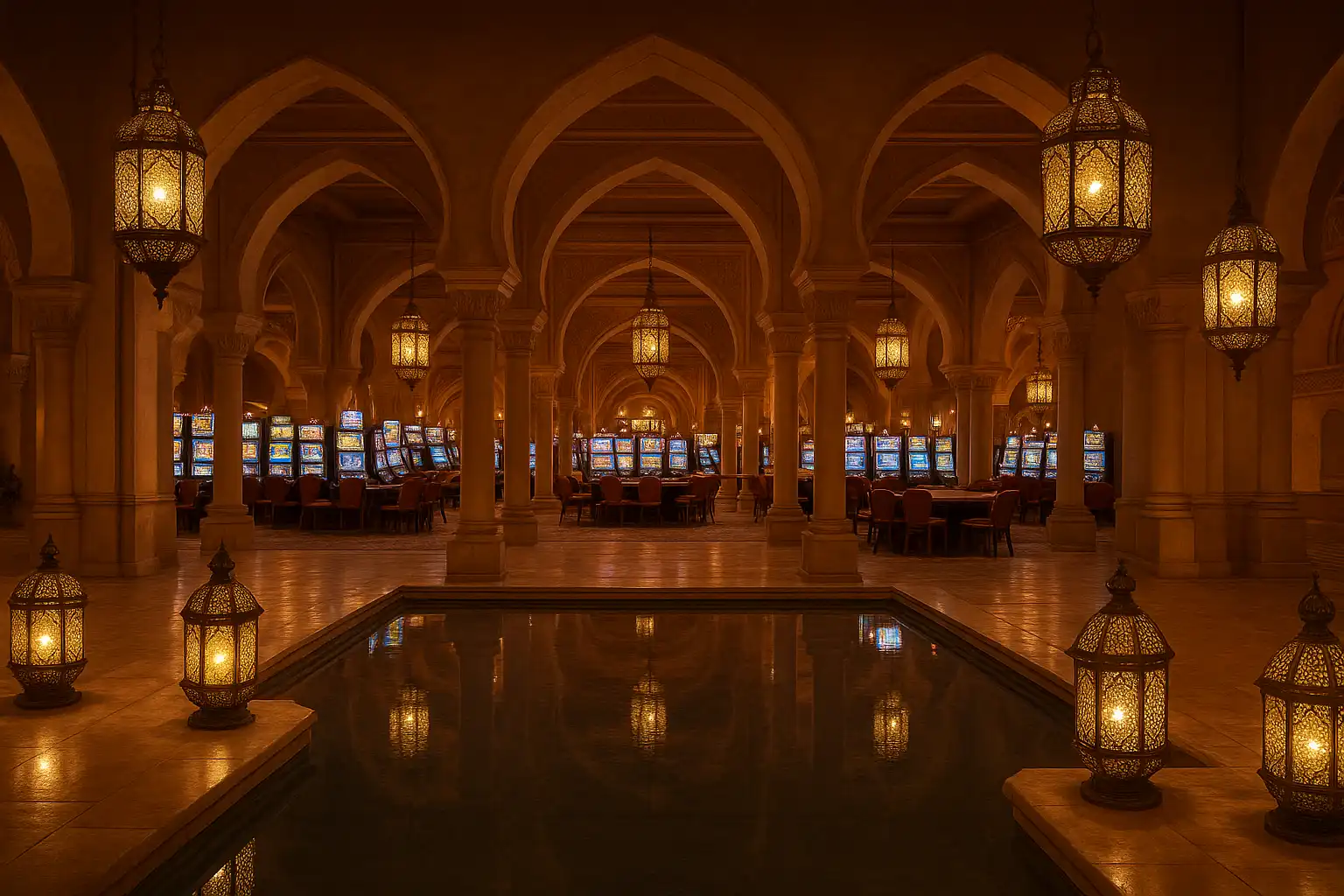 Elegant desert oasis casino hall with reflecting pools and ornate lanterns