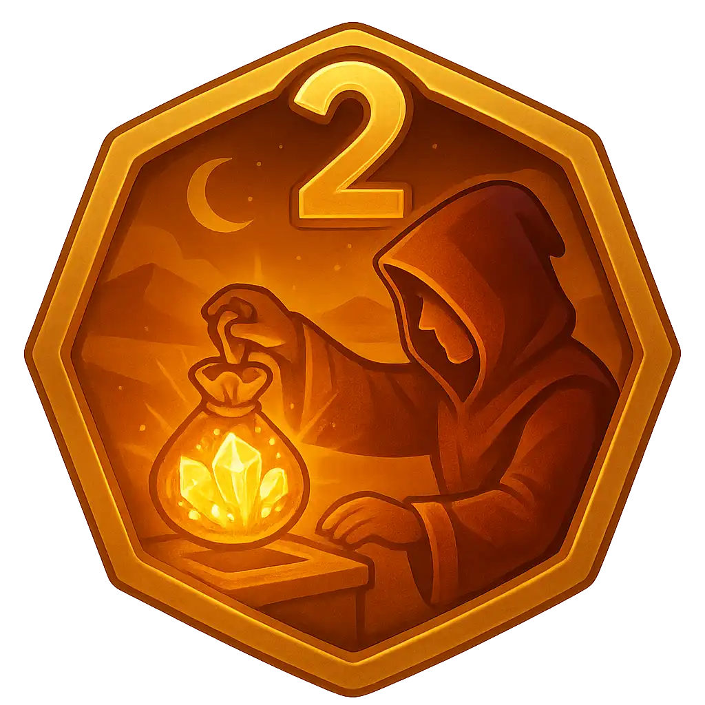 Golden number two badge with a glowing crystal coin pouch illustration for making a deposit