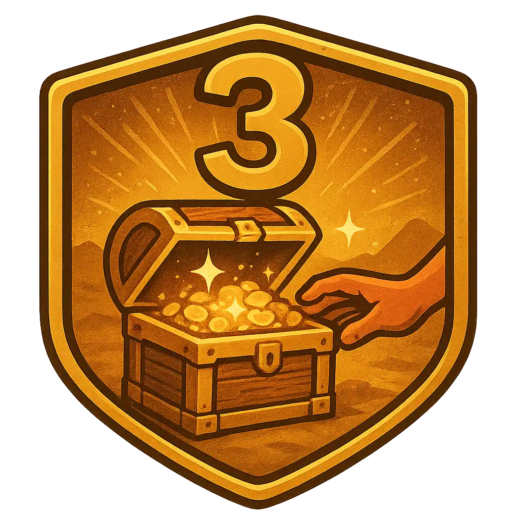 Golden number three badge with a shimmering treasure chest illustration for claiming the bonus