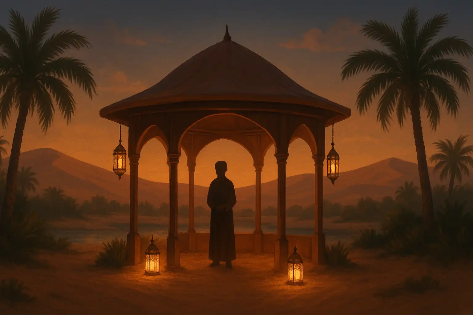 Friendly desert oasis support pavilion lit with glowing lanterns